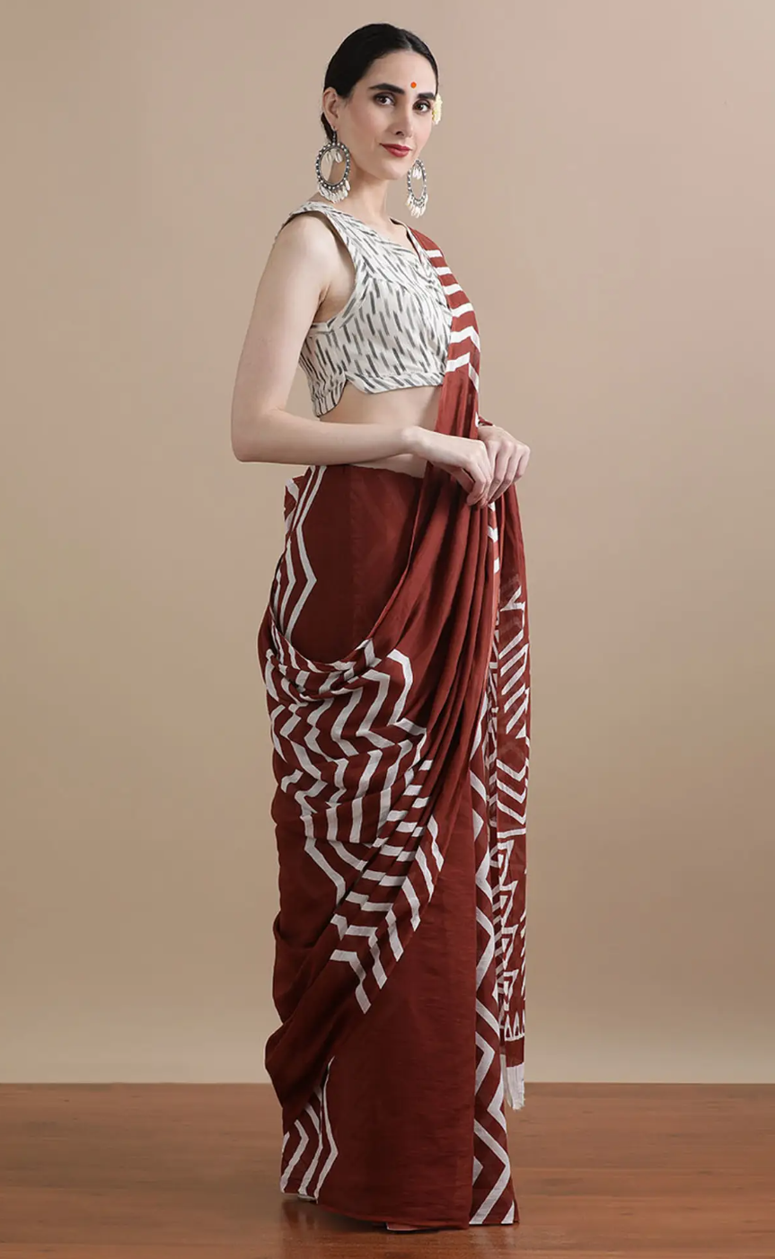 Maroon White Tribal Cotton Handblock Saree