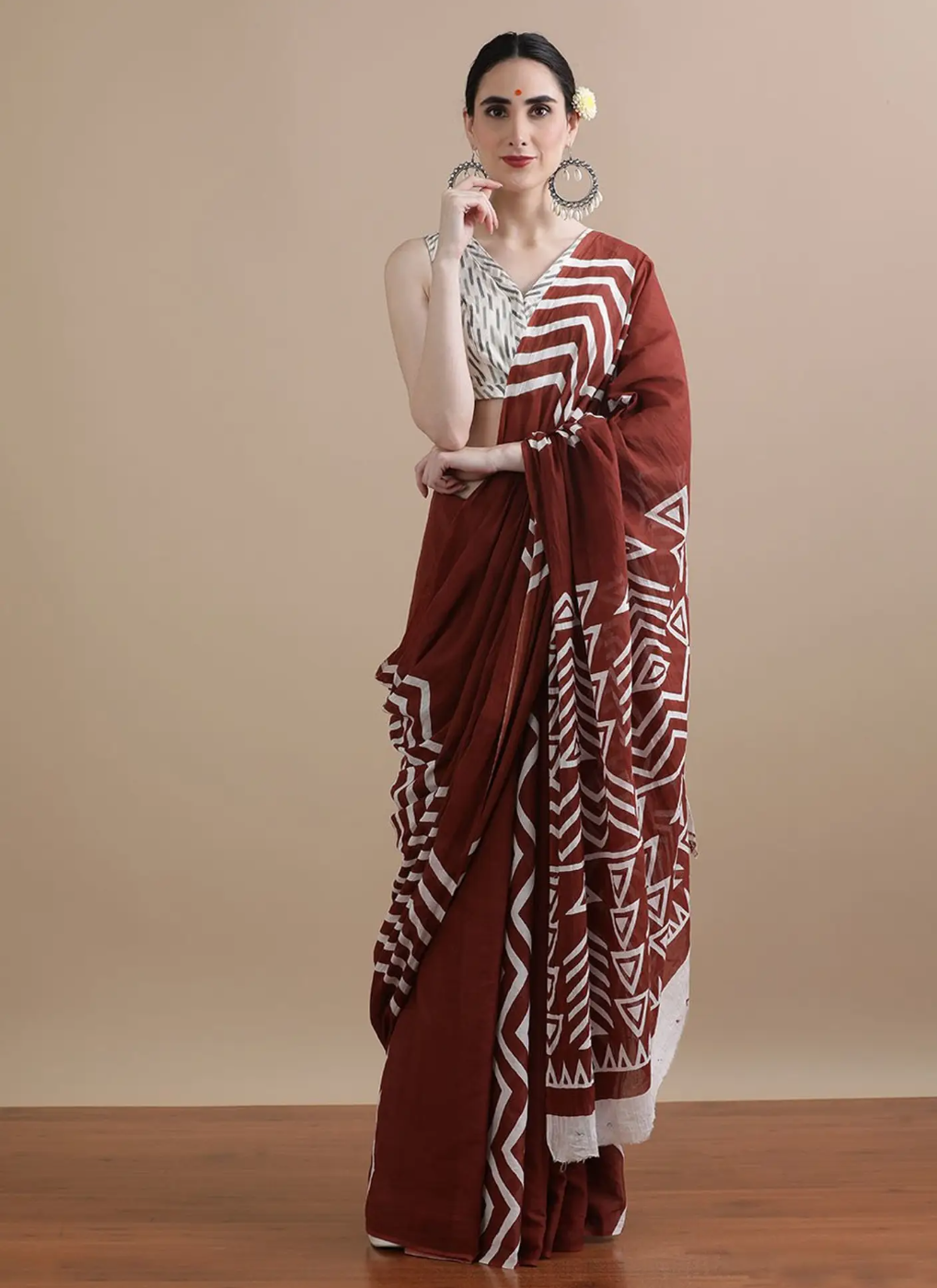 Maroon White Tribal Cotton Handblock Saree