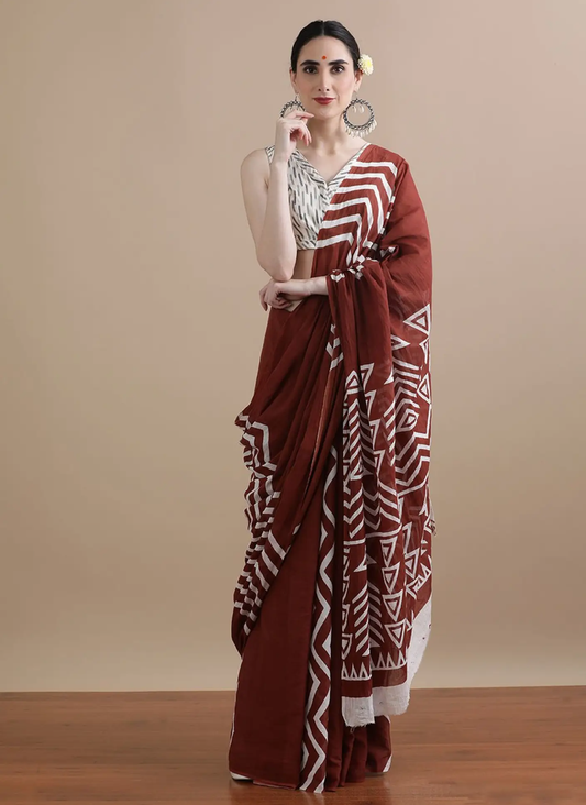 Maroon White Tribal Cotton Handblock Saree