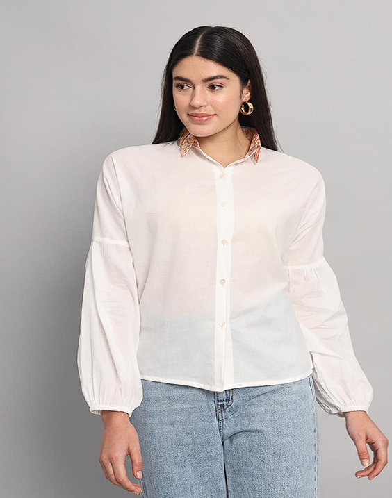 White Cotton Shirt with Handblock Collar