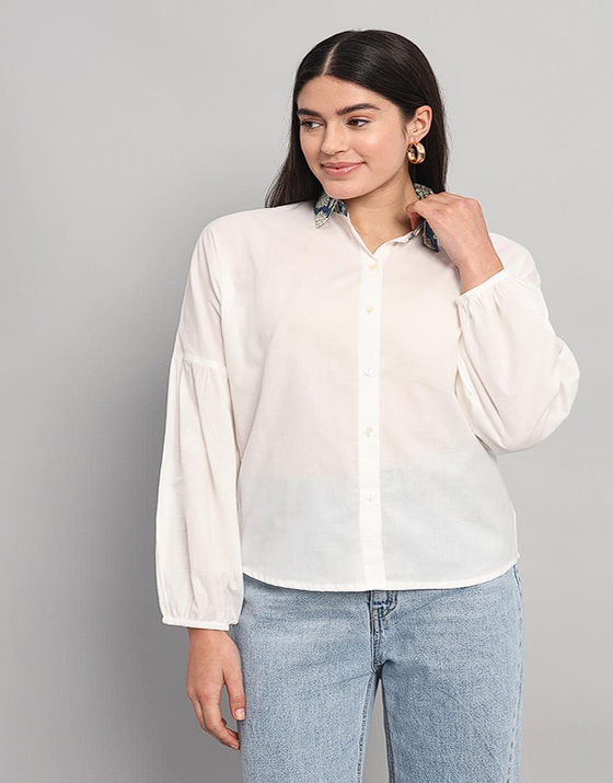 White Cotton Shirt with Handblock Collar