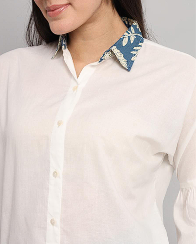 White Cotton Shirt with Handblock Collar