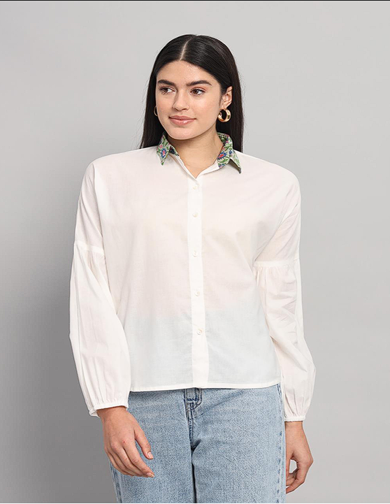 White Cotton Shirt with Handblock Collar