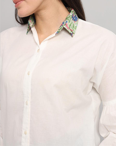 White Cotton Shirt with Handblock Collar