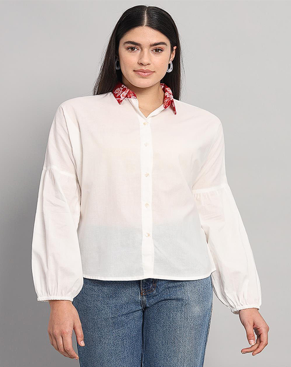 White Cotton Shirt with Handblock Collar