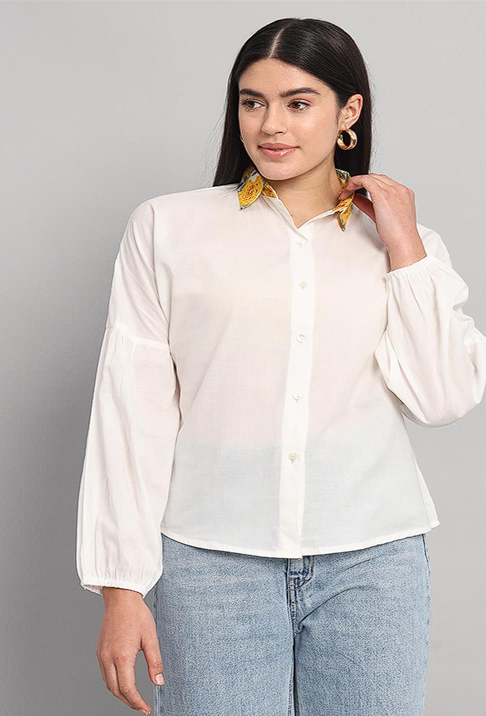 White Cotton Shirt with Handblock Collar