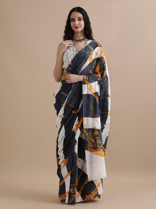 Navy White Orange Cotton Handblock Saree
