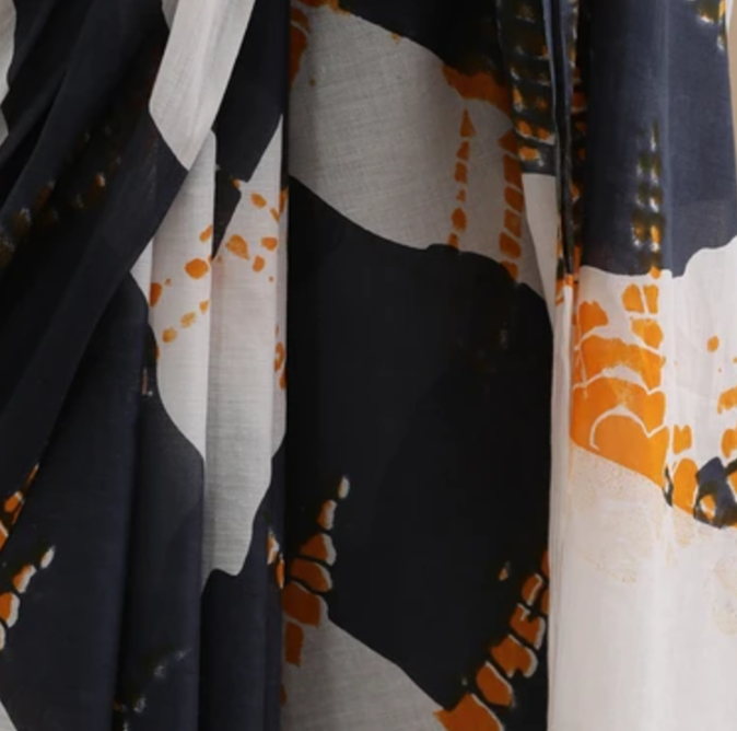 Navy White Orange Cotton Handblock Saree