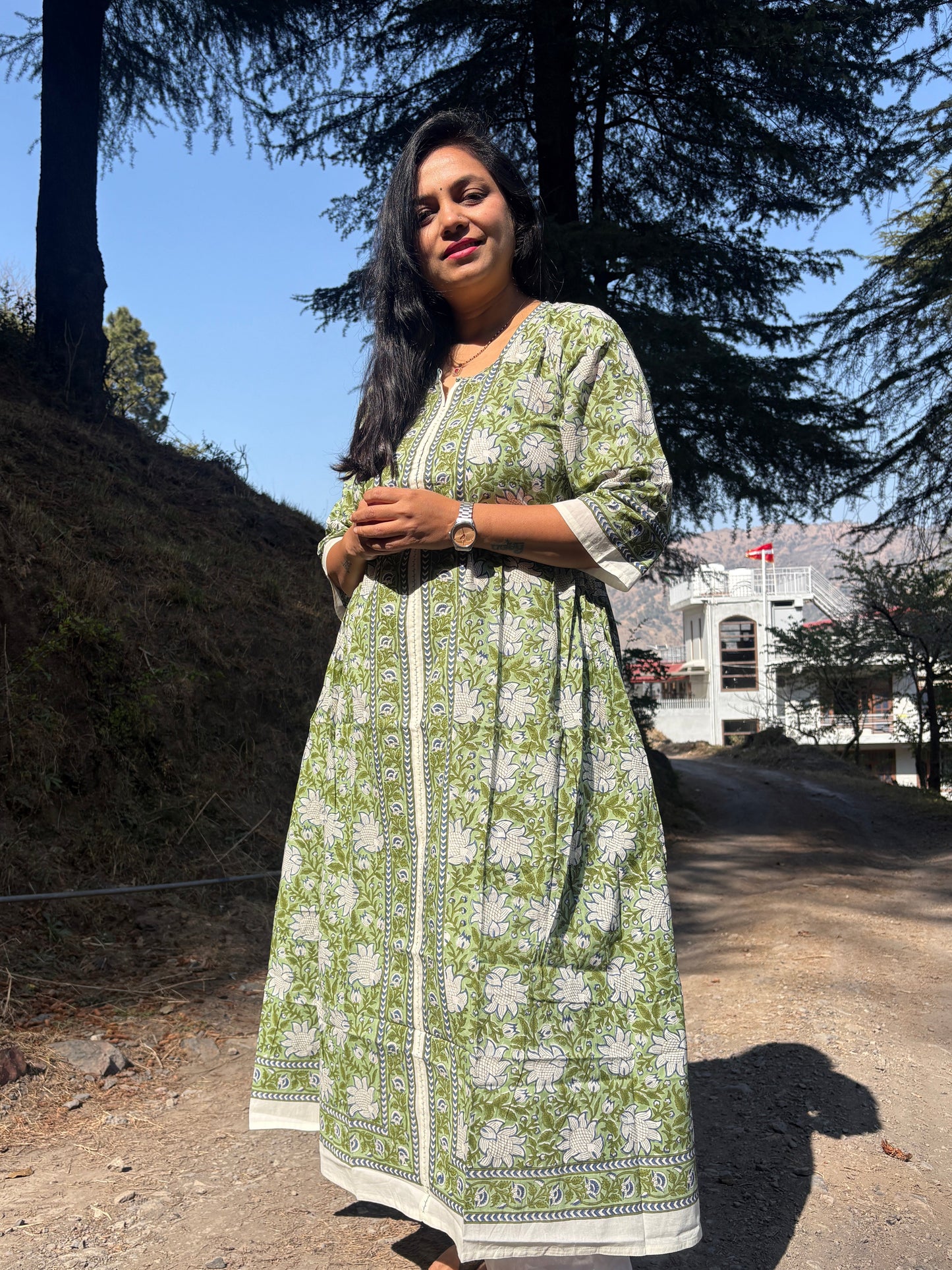 Handblock Long kurti - Green