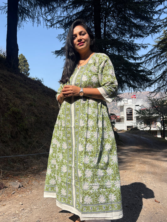 Handblock Long kurti - Green