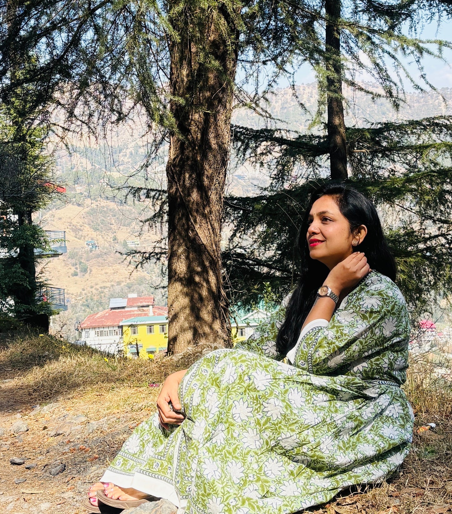 Handblock Long kurti - Green