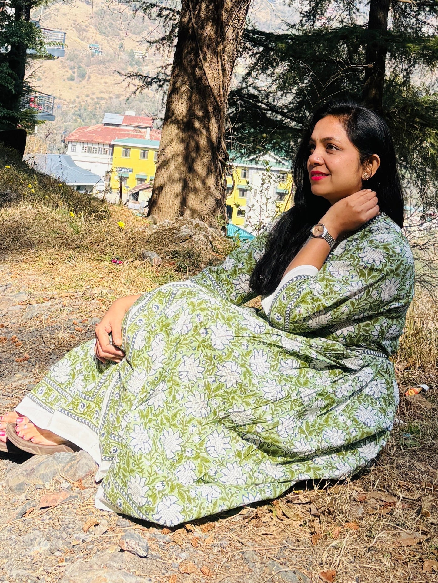 Handblock Long kurti - Green