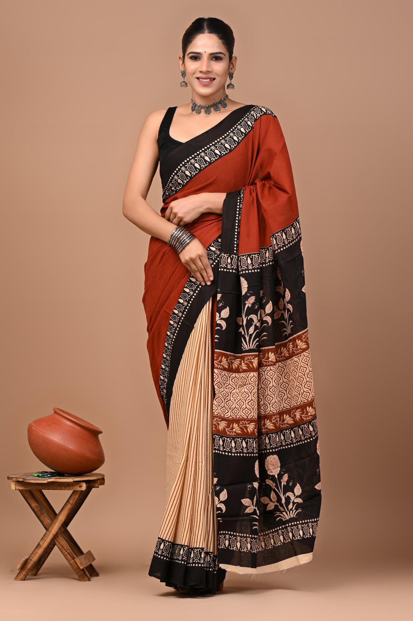 Rust Black Beige Cotton Handblock Saree