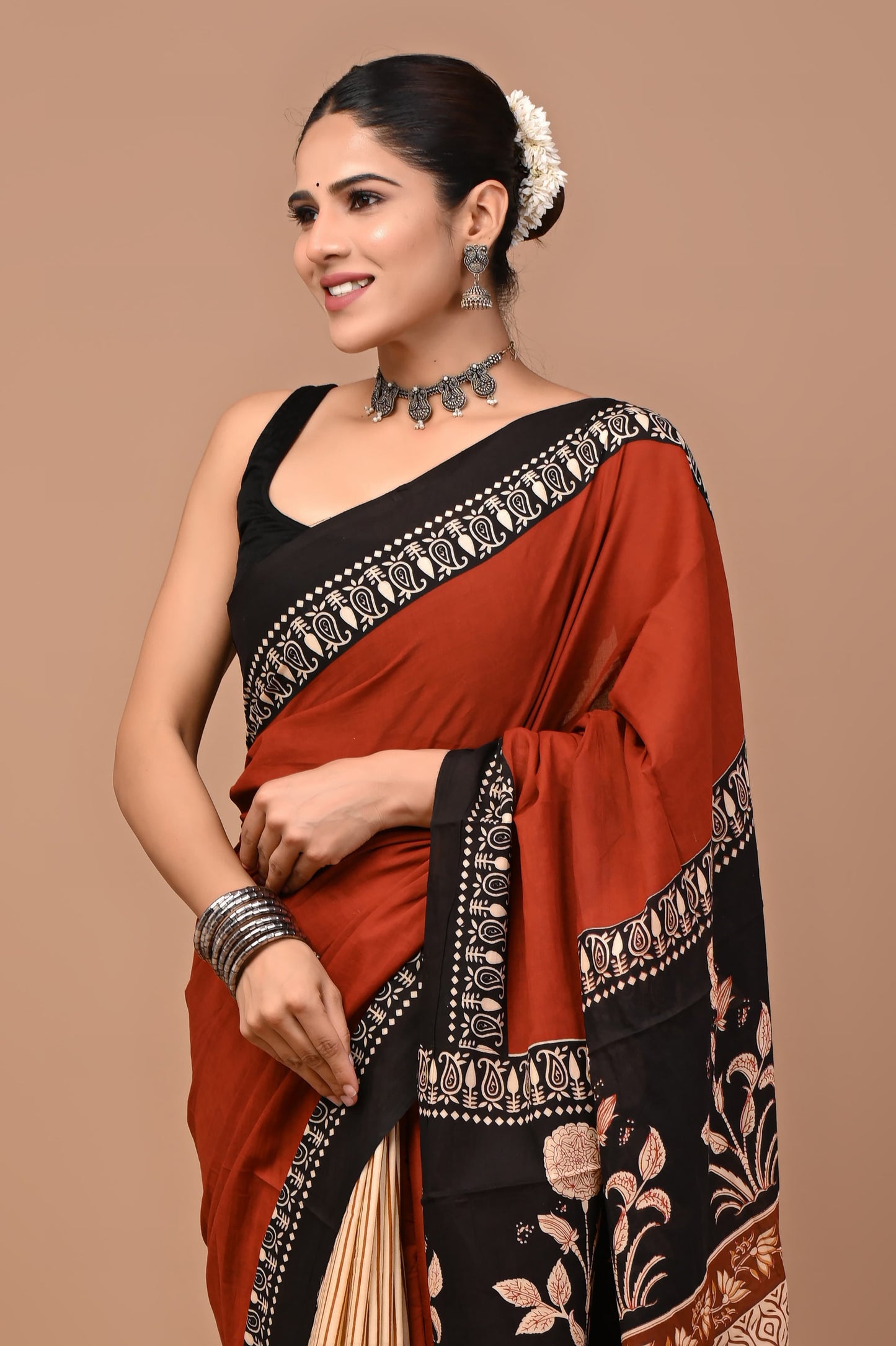Rust Black Beige Cotton Handblock Saree