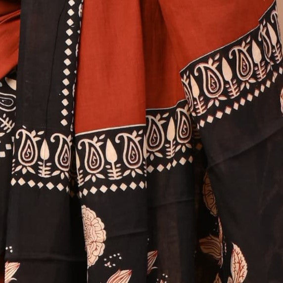 Rust Black Beige Cotton Handblock Saree